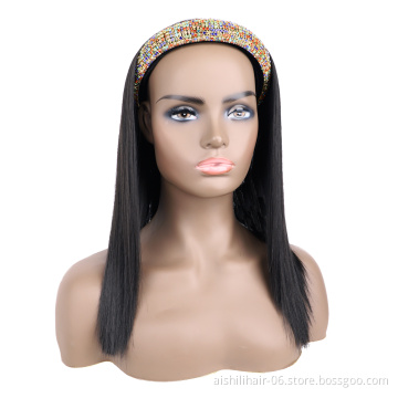 wholesale headband wig for black women diamond hair band long straight black hair synthetic headband wigs